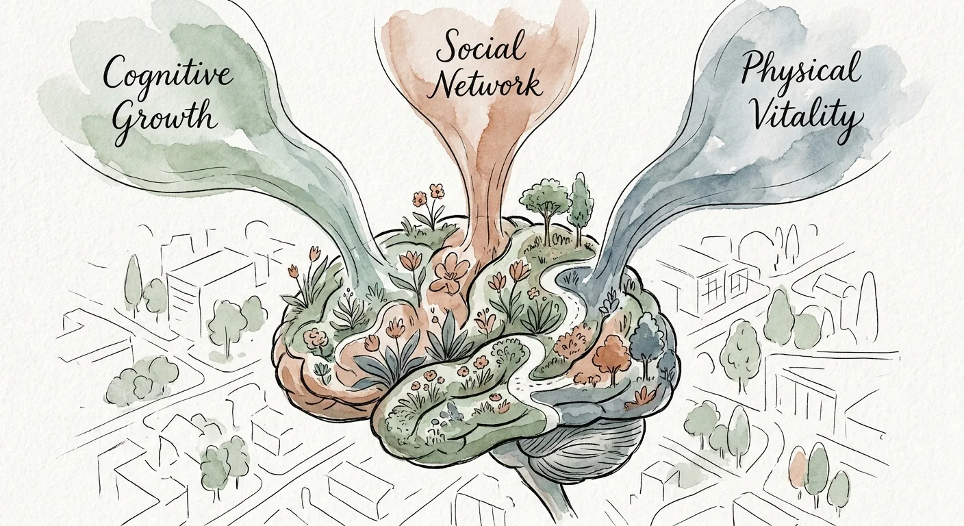 An ink and watercolor illustration of a brain-garden being nourished by streams labeled Cognitive Growth and Social Network.