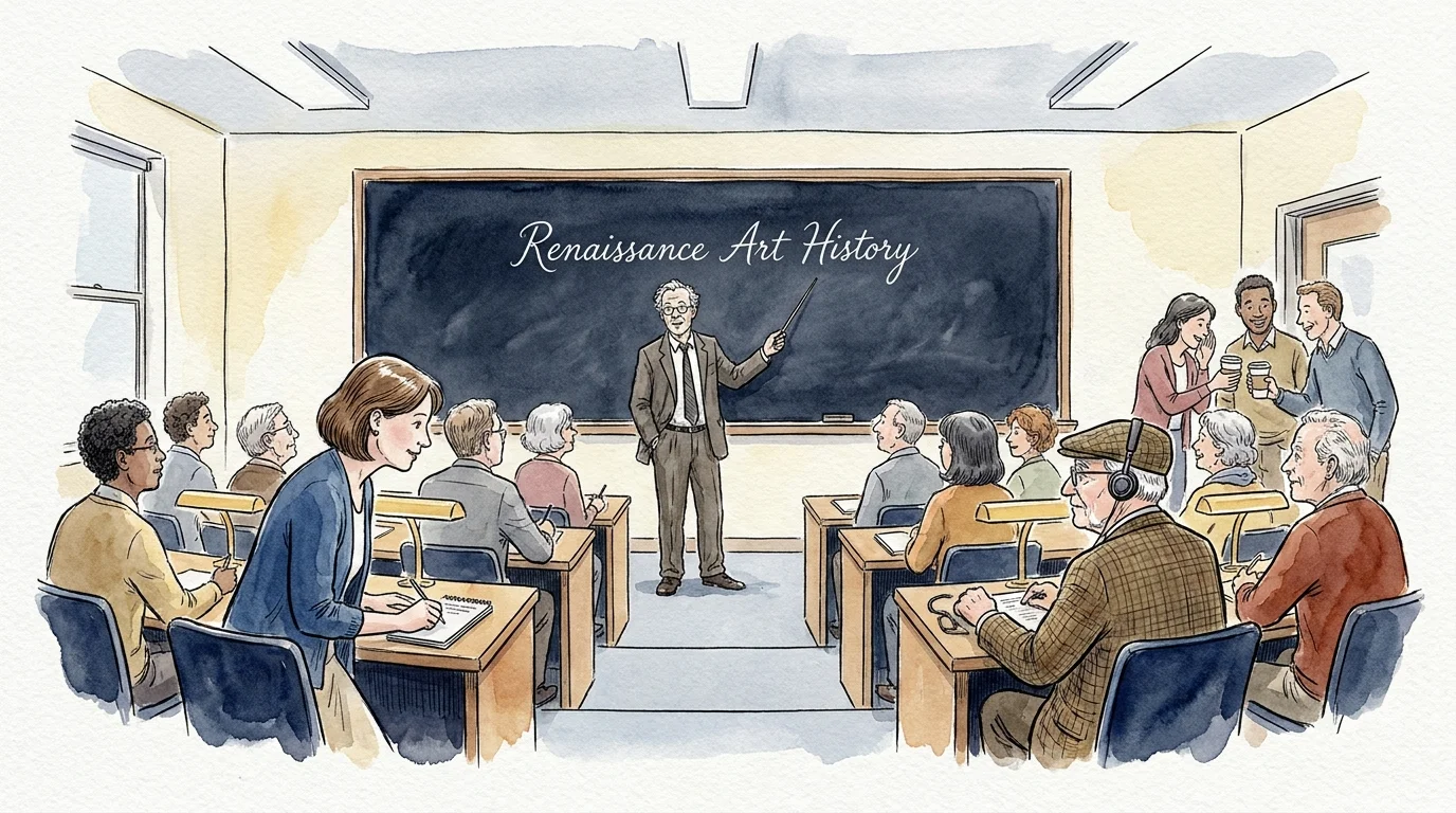 An ink and watercolor illustration of a diverse group of seniors attending an art history lecture in a university classroom.