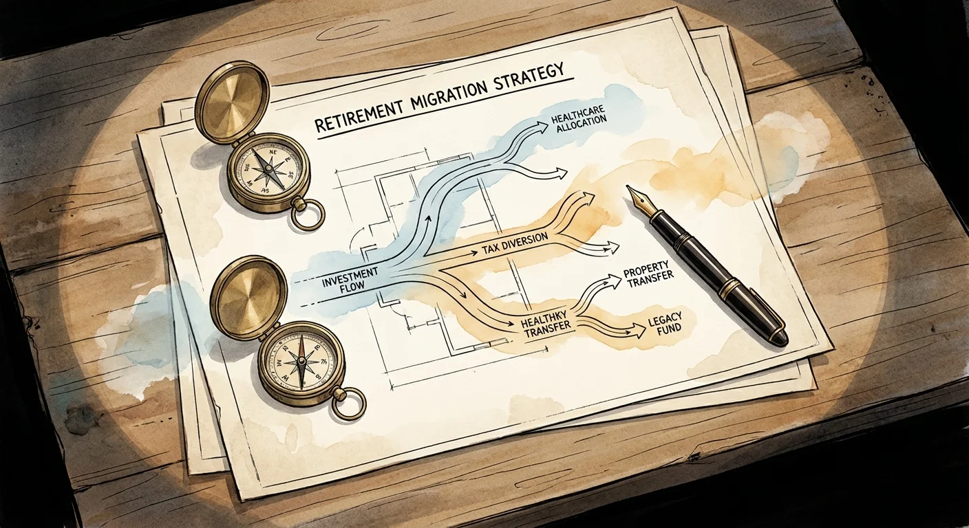 An ink and watercolor illustration of a financial 'blueprint' with a compass and pen on a desk.