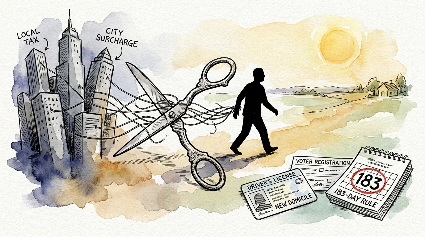 An ink and watercolor illustration of a person cutting ties with city taxes to establish a new domicile.