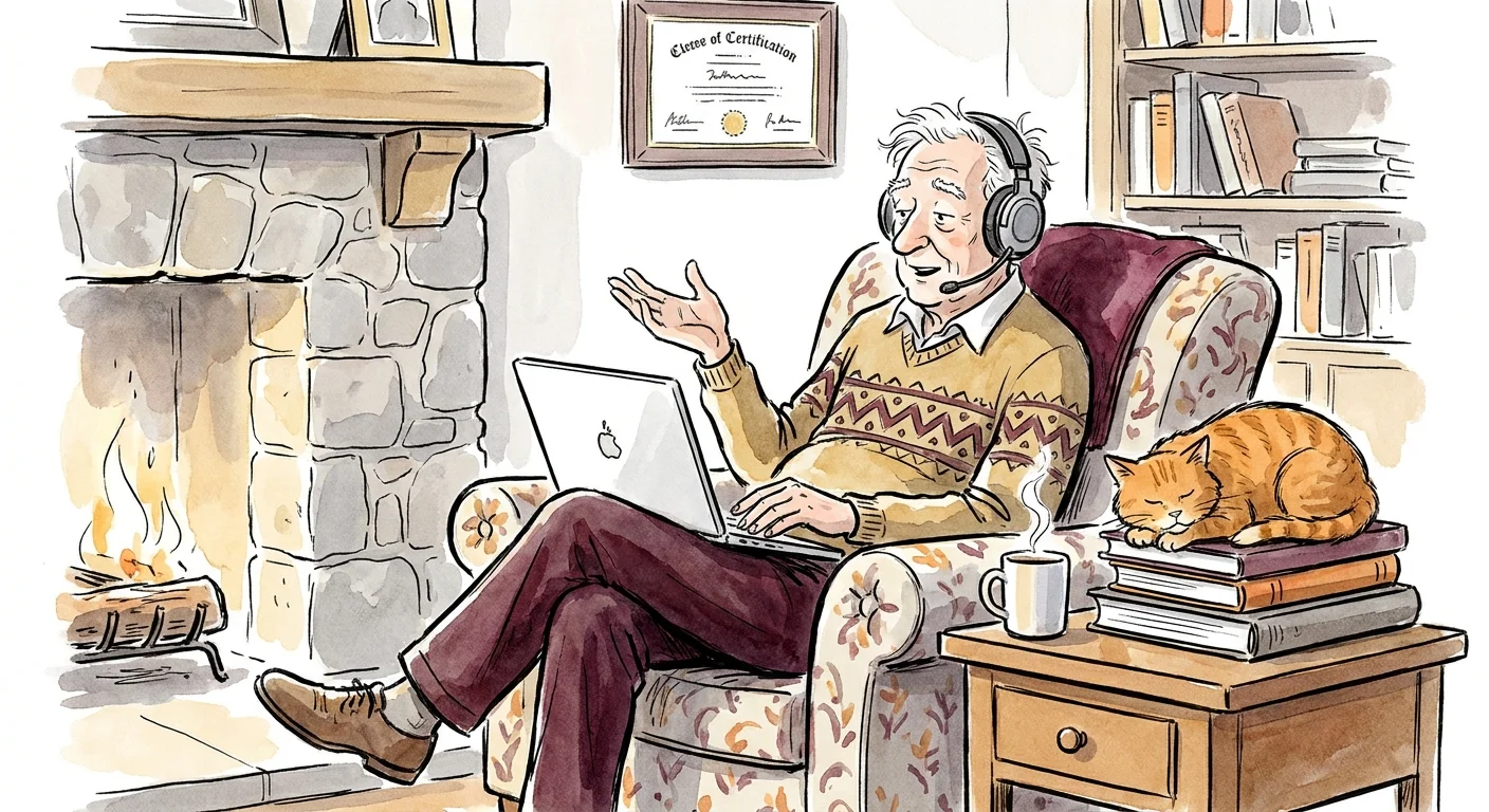 An ink and watercolor illustration of a senior man providing consulting services from the comfort of an armchair by a fireplace.