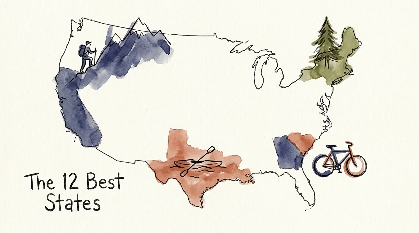An ink and watercolor illustration of a US map filled with tiny icons of hikers, kayaks, and trees, representing retirement destinations.