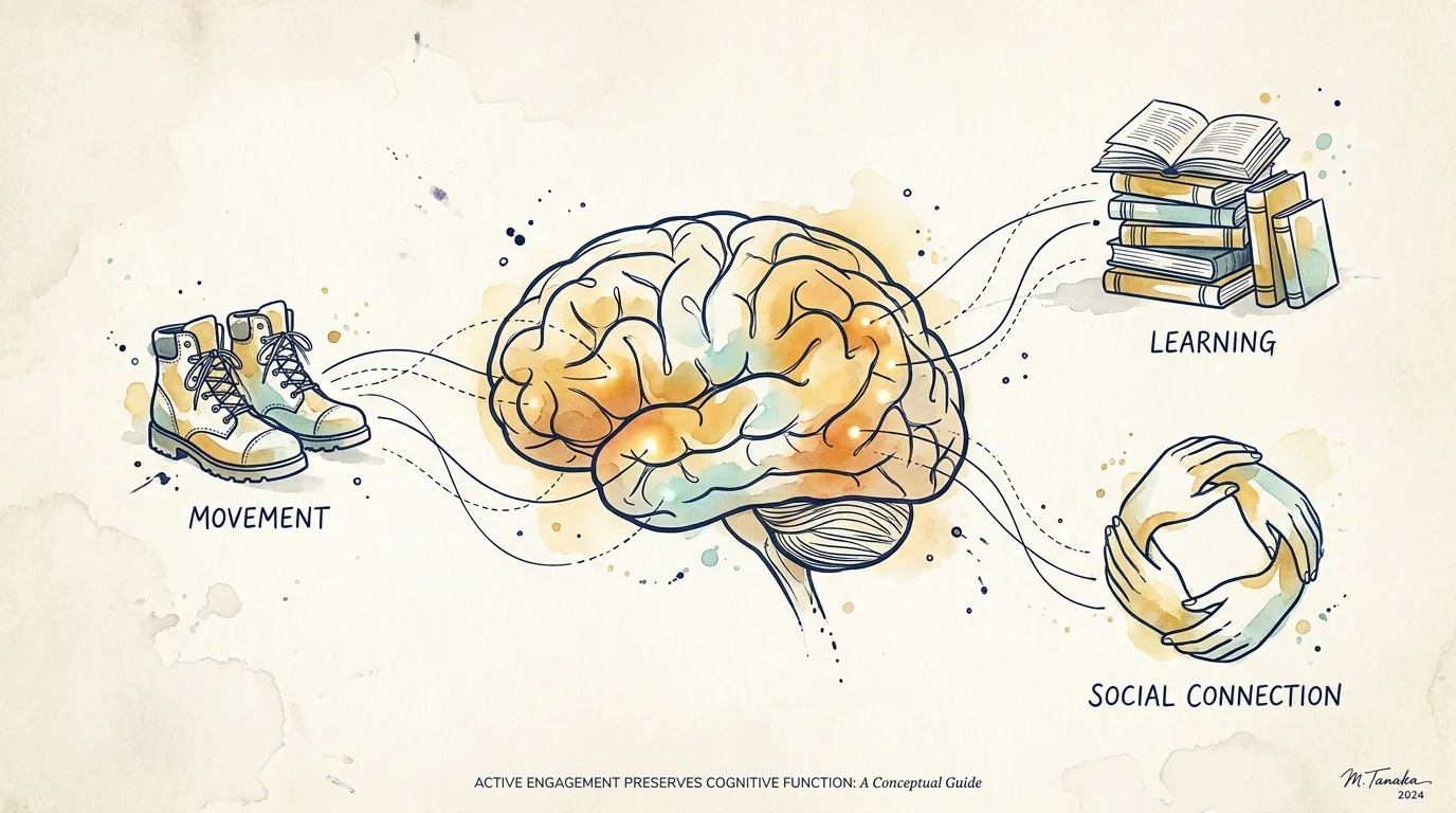 An ink and watercolor illustration showing a brain connecting to icons of learning, movement, and social connection.
