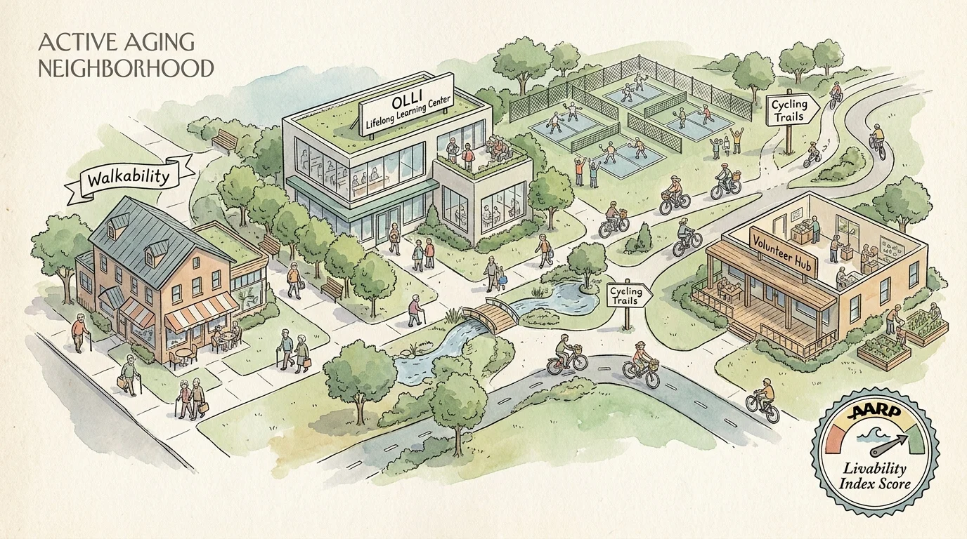 An ink and watercolor illustration showing a walkable neighborhood with a learning center, volunteer hub, and cycling trails.