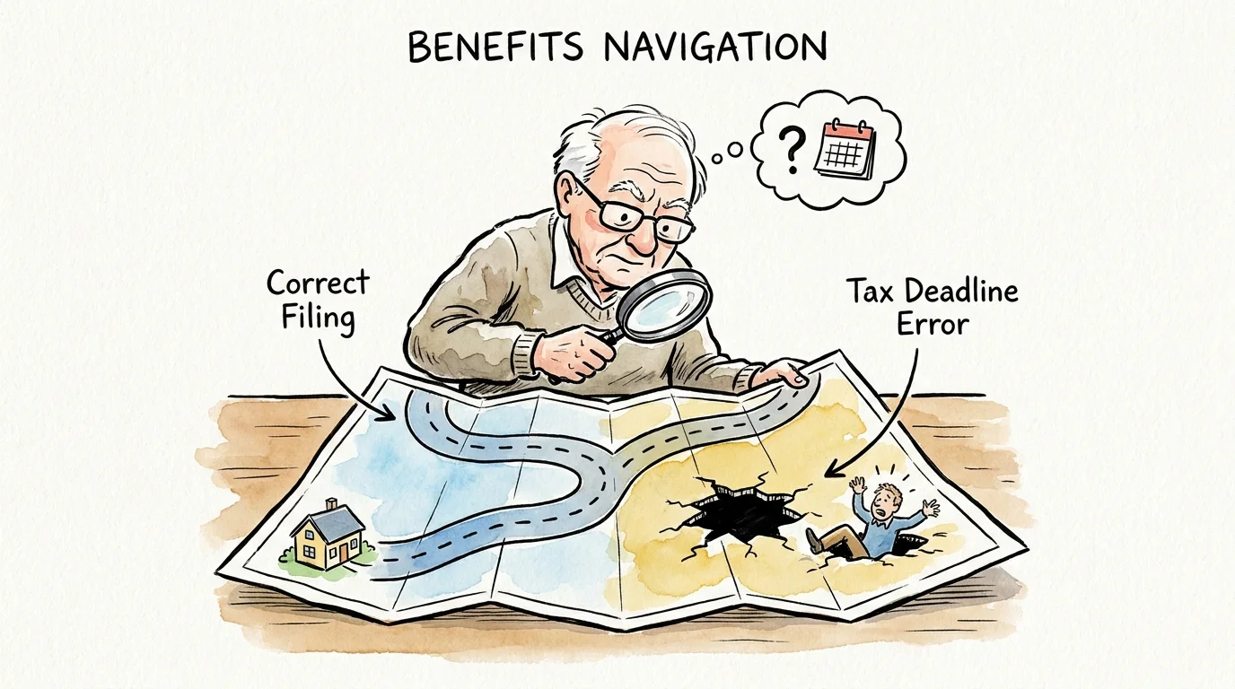 An ink and watercolor sketch of a person using a magnifying glass to look at a roadmap with a 'Tax Deadline Error' pothole.