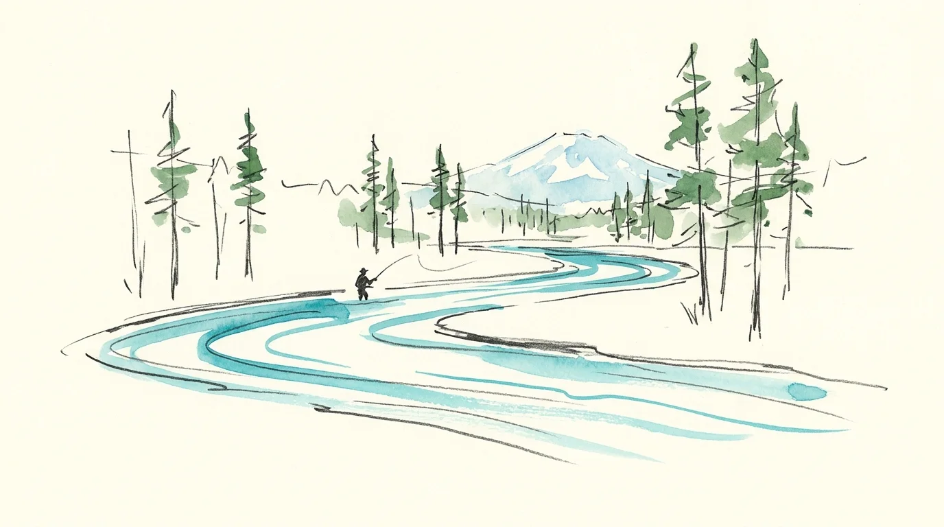 An ink and watercolor sketch of a river winding through pine trees with a snowy mountain in the background.