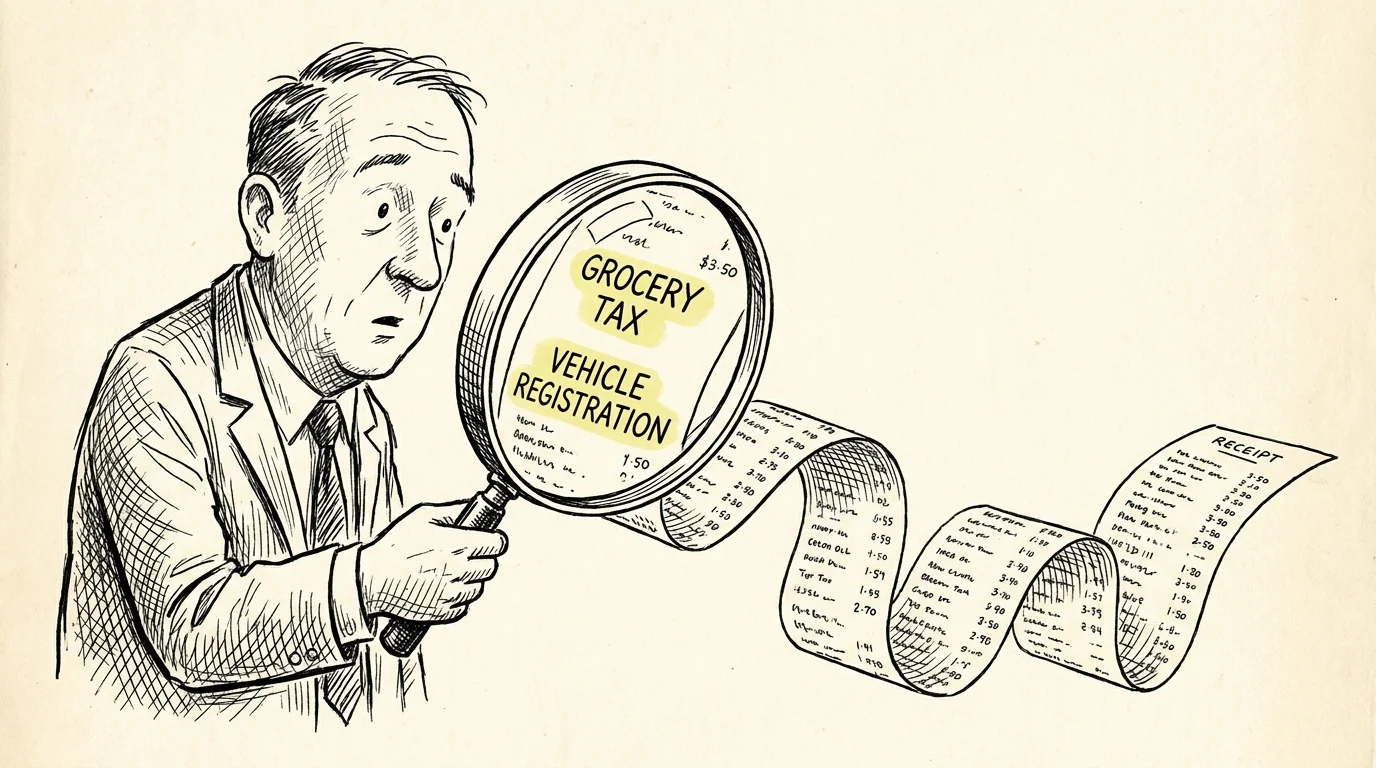 An ink drawing of a person using a magnifying glass to find hidden taxes on a long receipt.