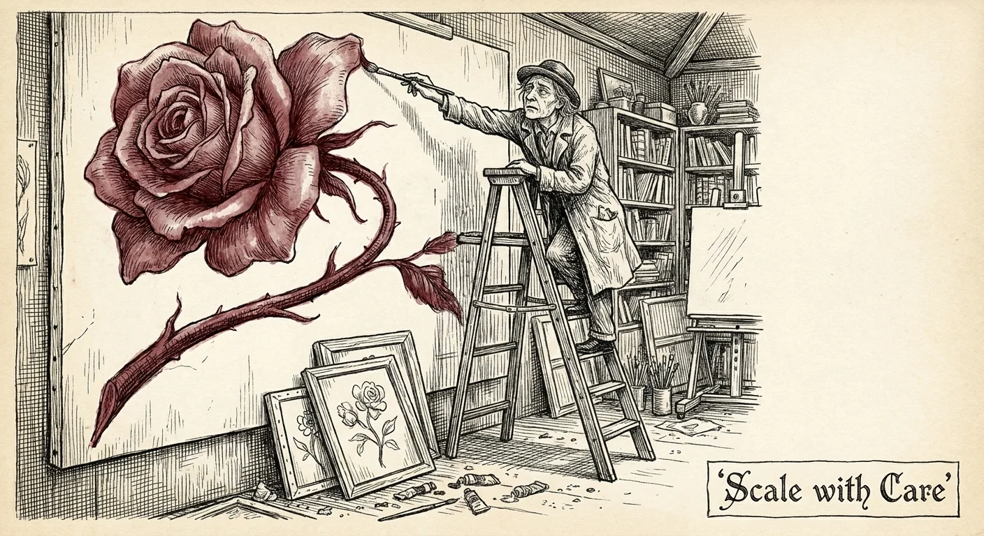 An ink sketch of a person attempting to paint a giant mural while smaller projects are neglected, symbolizing the mistake of over-scaling.