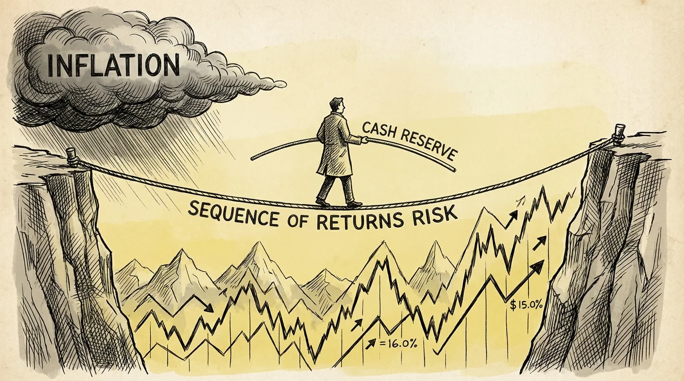 An ink sketch of a person balancing on a tightrope labeled 'Sequence of Returns Risk' over a market-chart landscape.