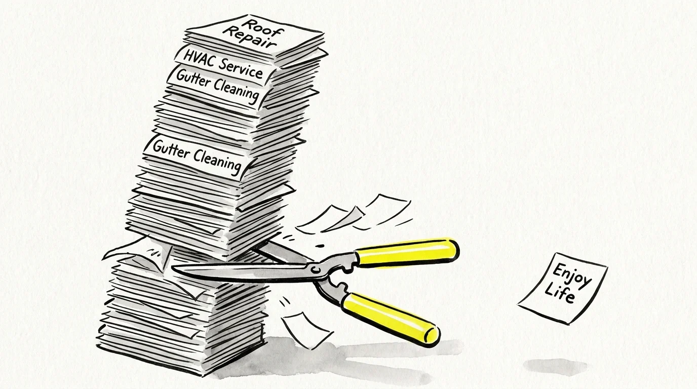 An ink sketch showing a giant list of home repairs being cut down into a tiny, manageable checklist.