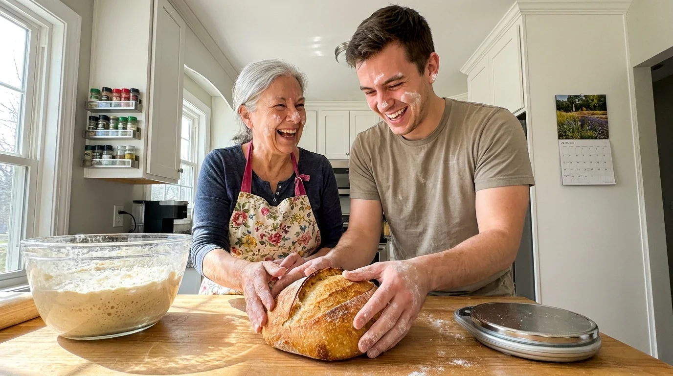 An older woman and a younger person laugh while kneading sourdough bread together in a bright kitchen.