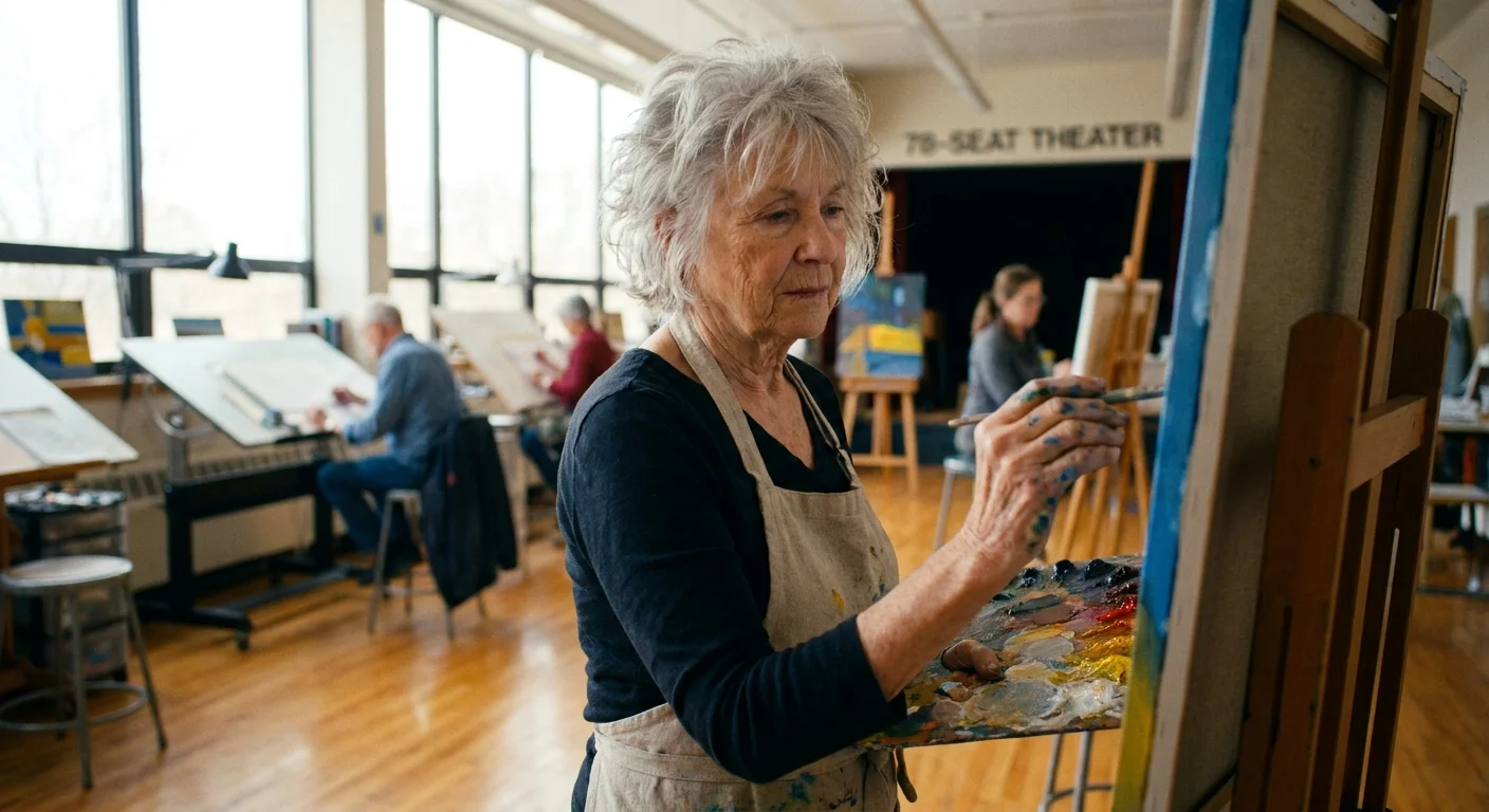 An older woman focuses on an oil painting in a sun-drenched professional art studio.