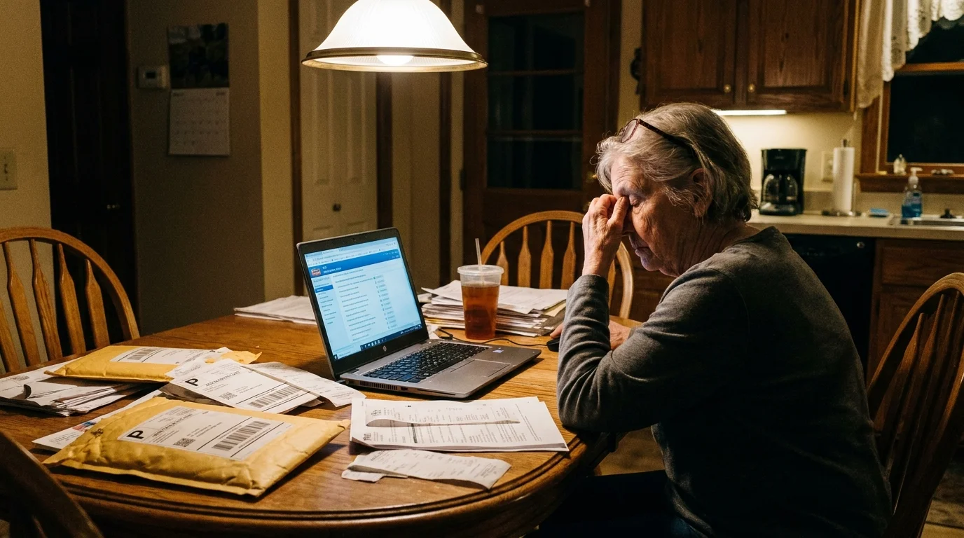 An older woman looks stressed while managing business spreadsheets and shipping supplies at her kitchen table late at night.