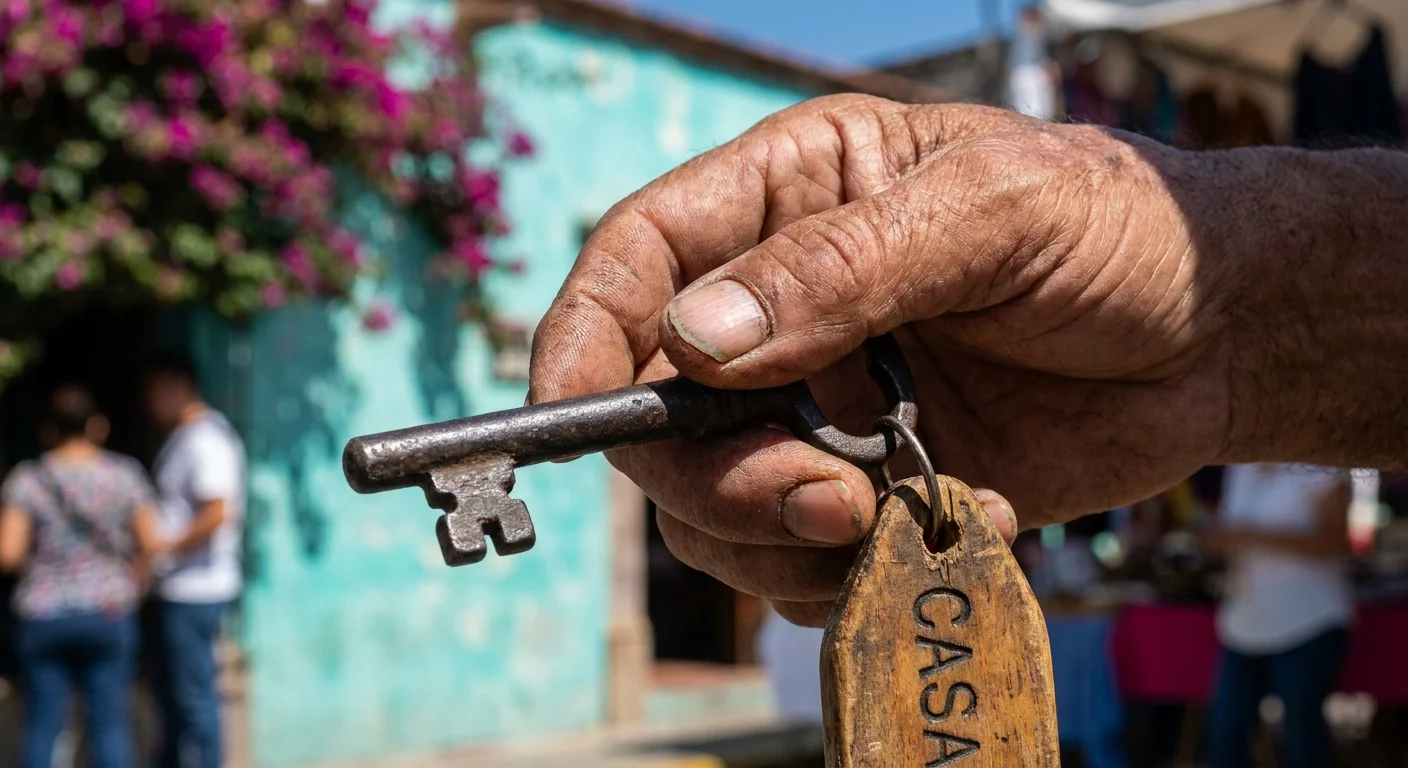 Close-up of a retiree's hands holding an old-fashioned house key against a blurry, colorful Mediterranean-style street background.