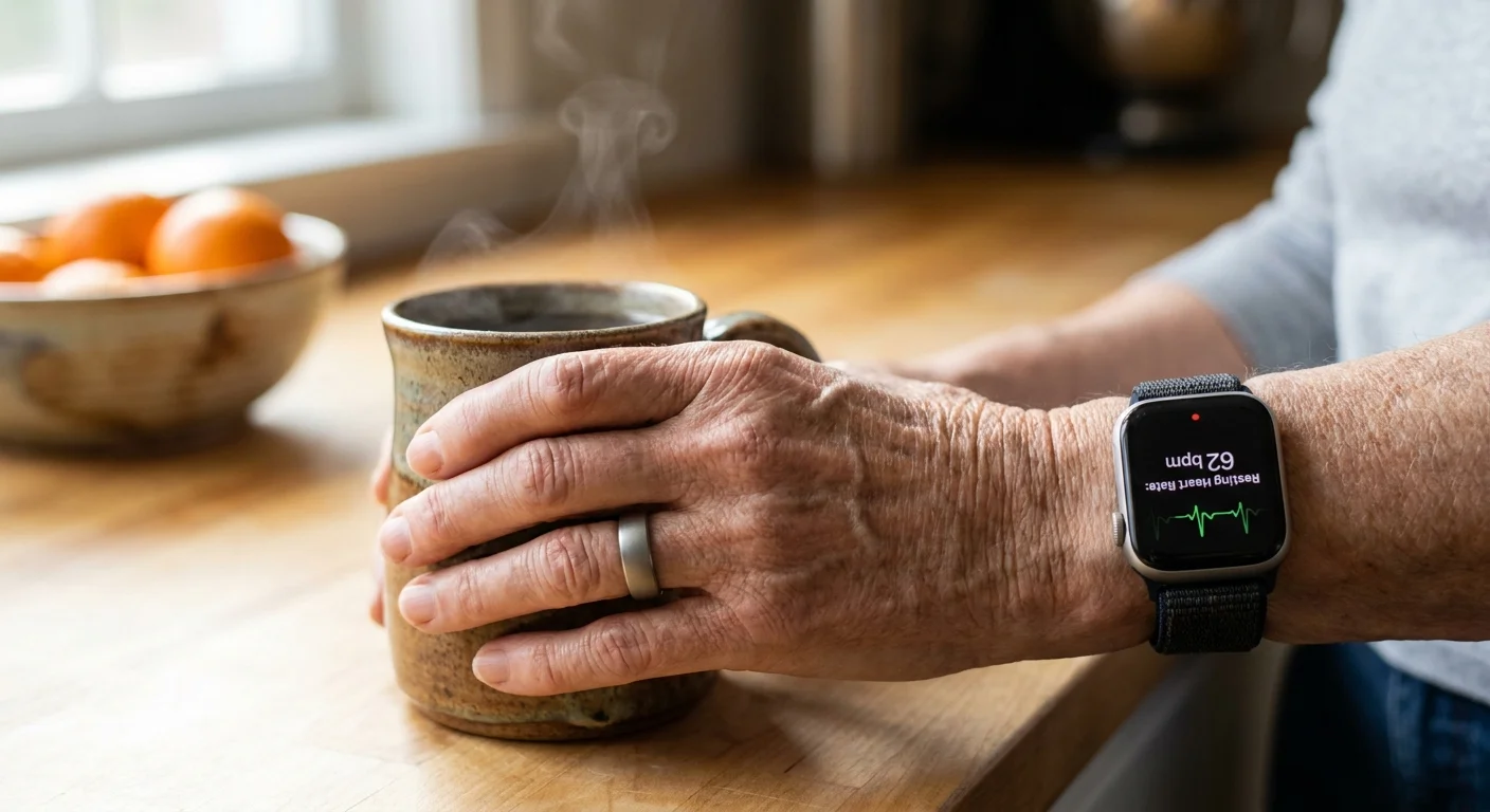 Close-up of a senior's hand wearing a smart ring and a smartwatch displaying heart rate data.