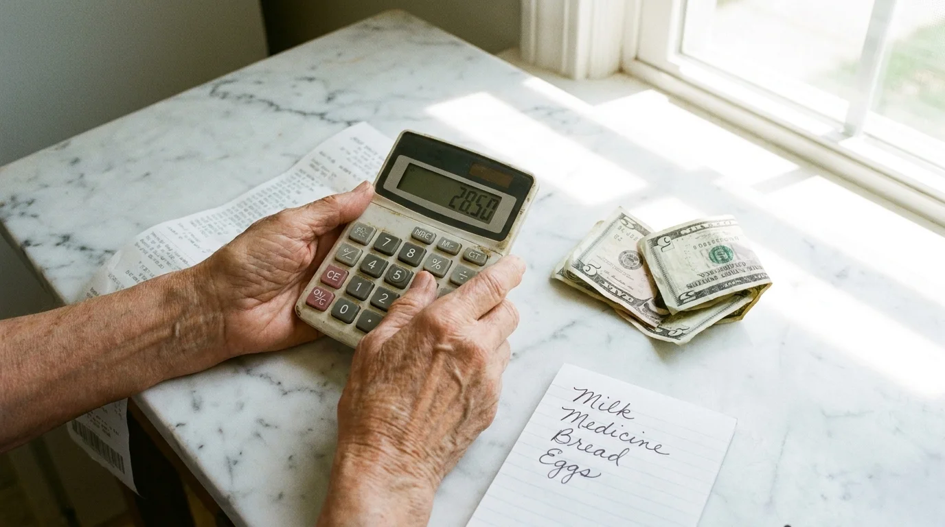 Close-up of a senior's hands using a calculator next to a grocery receipt and a small amount of cash on a countertop.
