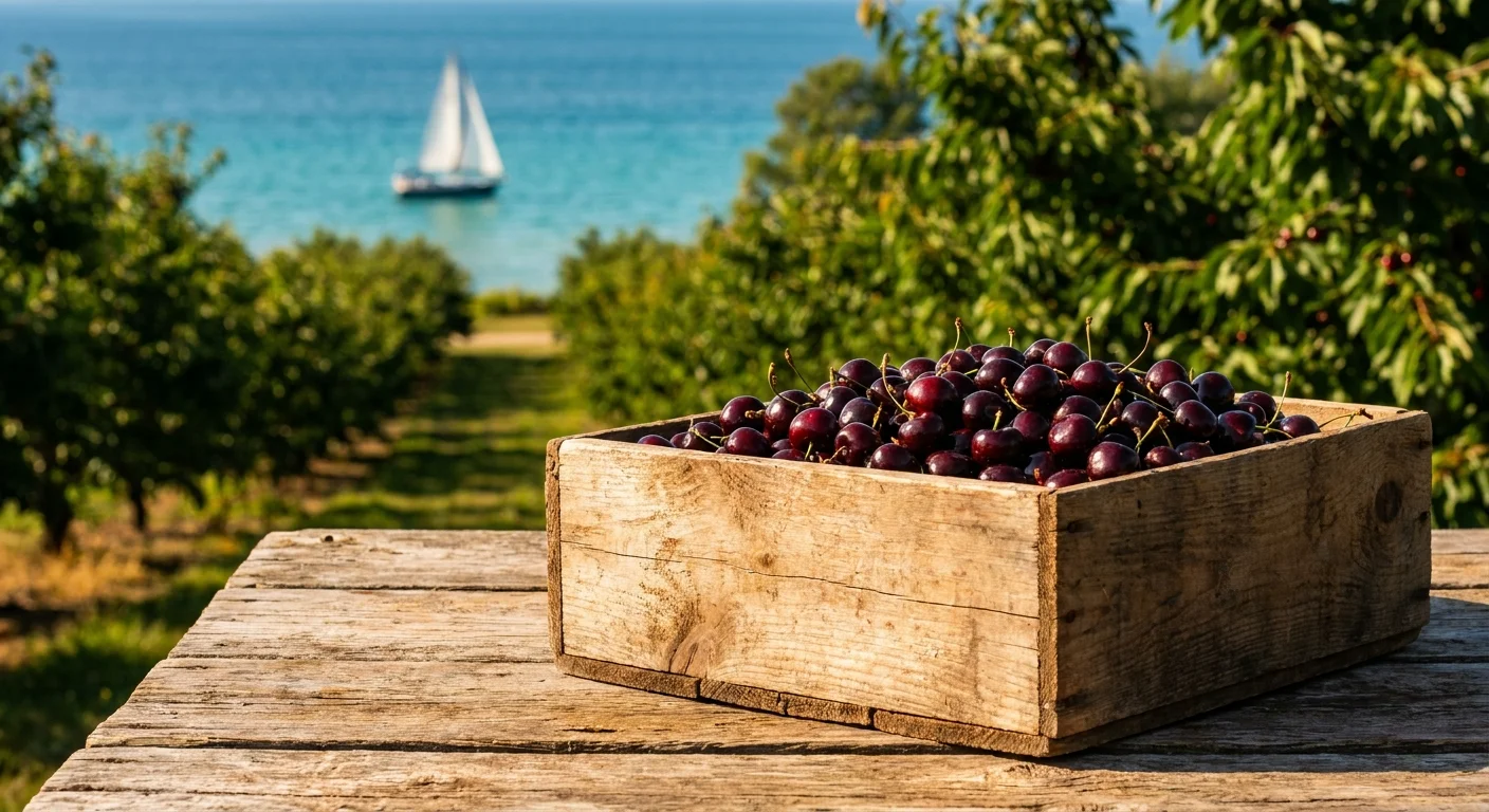 Fresh cherries in a crate overlooking the blue waters of Grand Traverse Bay in Michigan.