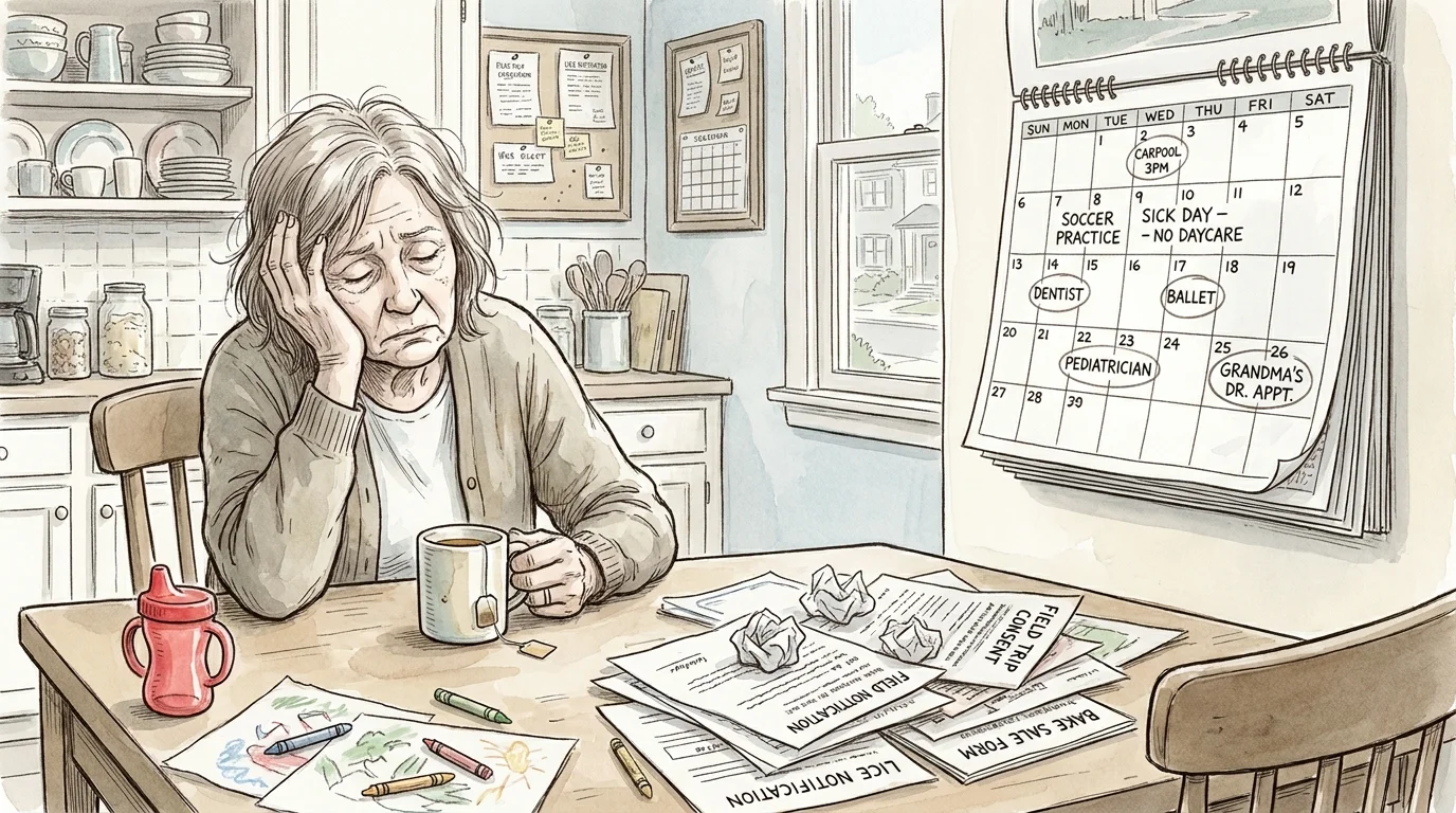 Ink and watercolor drawing of an exhausted grandmother at a table covered in school forms and toys, next to a busy school calendar.