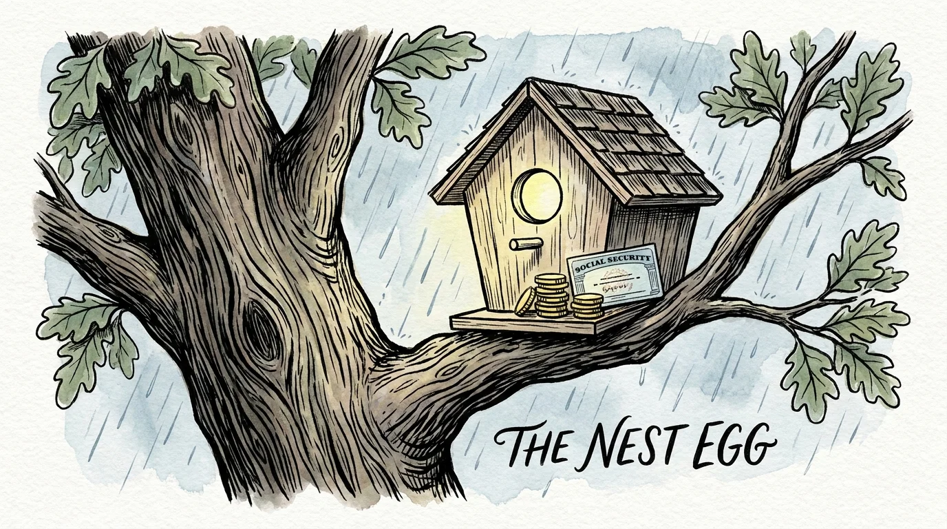 Ink and watercolor illustration of a birdhouse protected from rain, symbolizing a retirement nest egg in a safe environment.