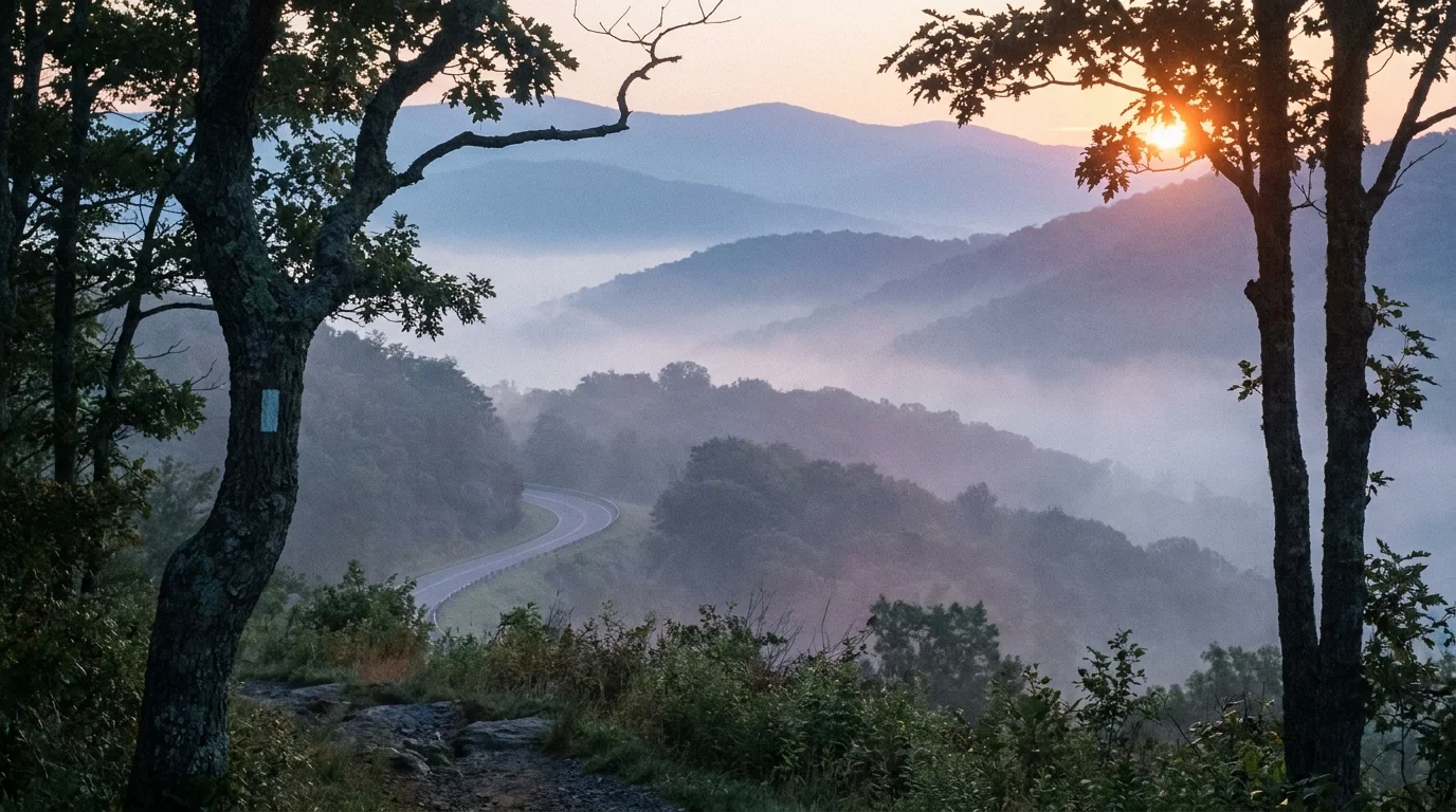 Layers of misty blue mountains in North Carolina seen from the Blue Ridge Parkway at dawn.