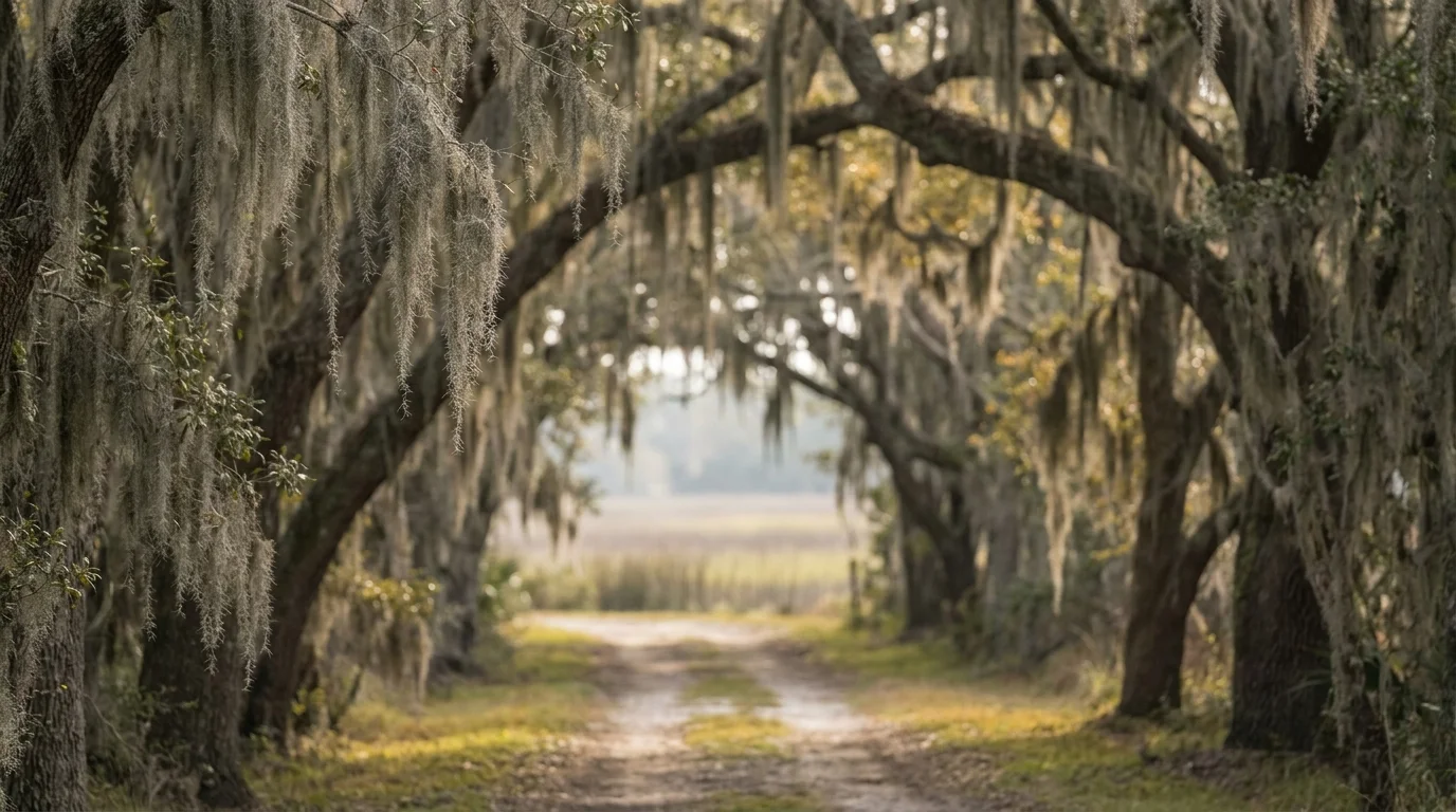 Live oak trees draped in Spanish moss over a quiet road in the South Carolina Lowcountry.
