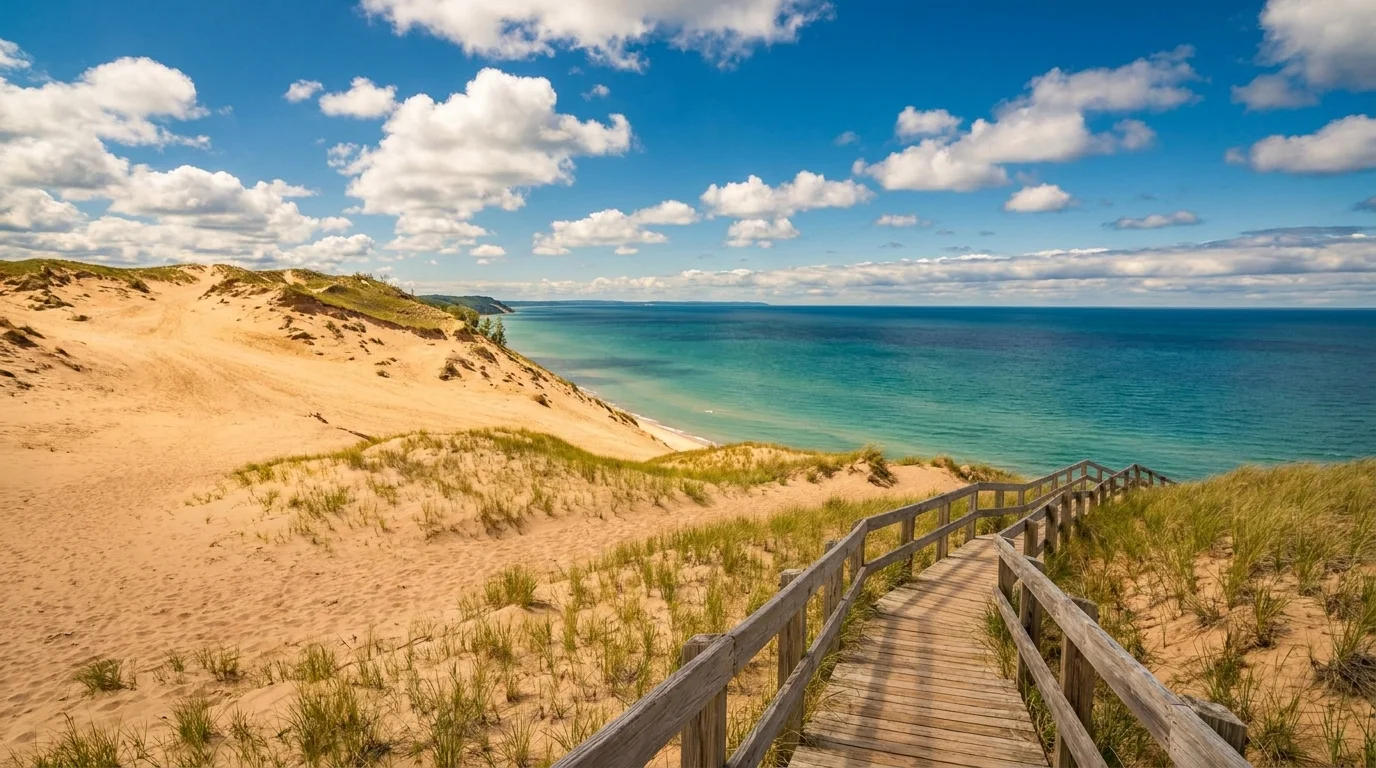 Massive sand dunes in Michigan overlooking the turquoise waters of Lake Michigan.