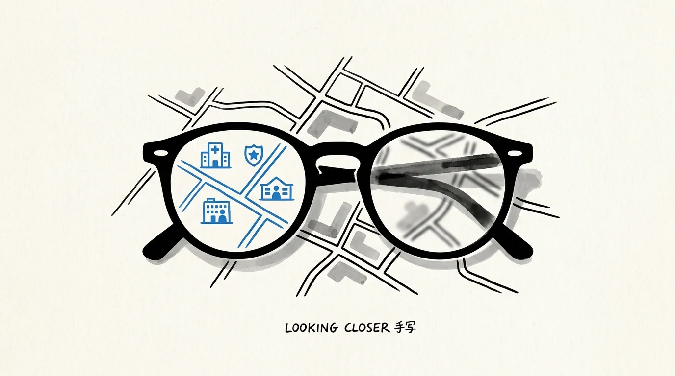 Minimalist illustration of reading glasses over a town map, magnifying icons of a hospital and police station.