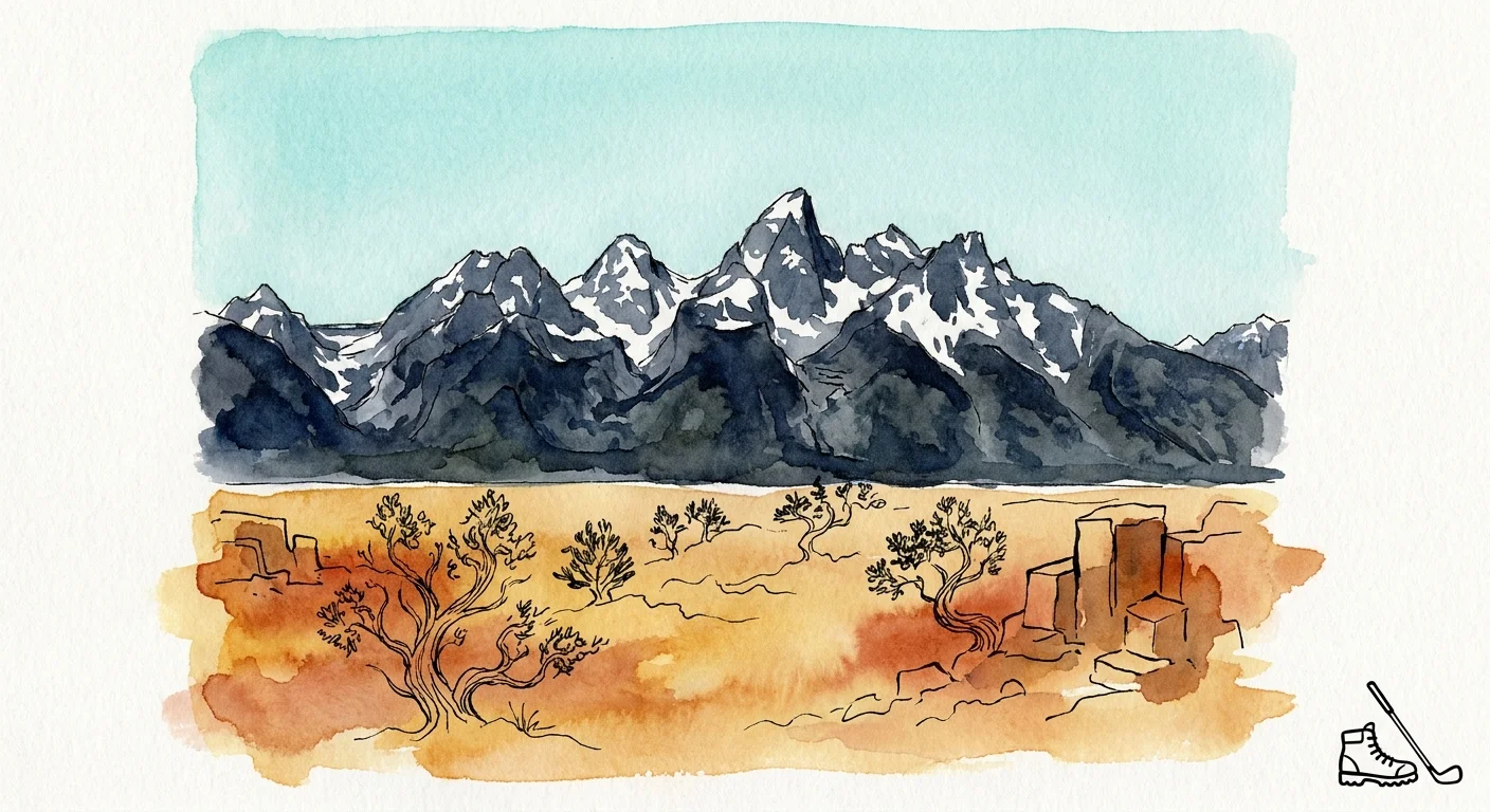 Minimalist watercolor art showing golden high desert plains meeting sharp, snow-capped blue mountains.