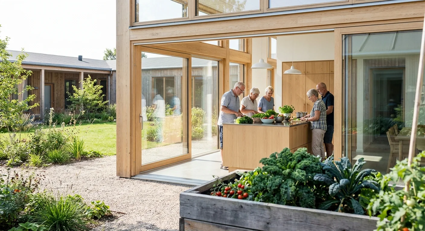 Modern Scandinavian cohousing with retirees cooking together in a bright, shared kitchen overlooking a garden.
