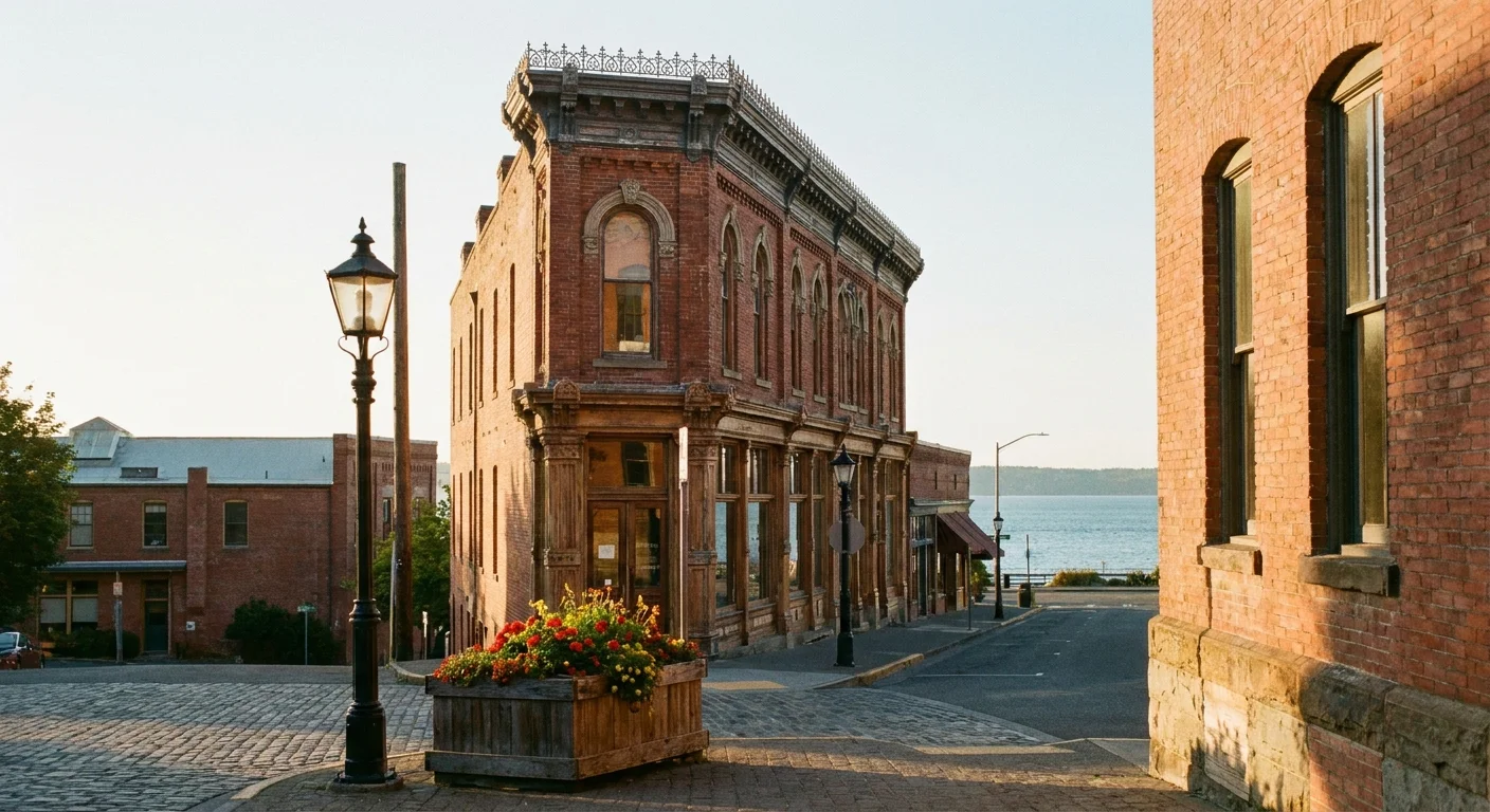 Ornate Victorian brick buildings in downtown Port Townsend with a glimpse of the blue sea at the end of the street.
