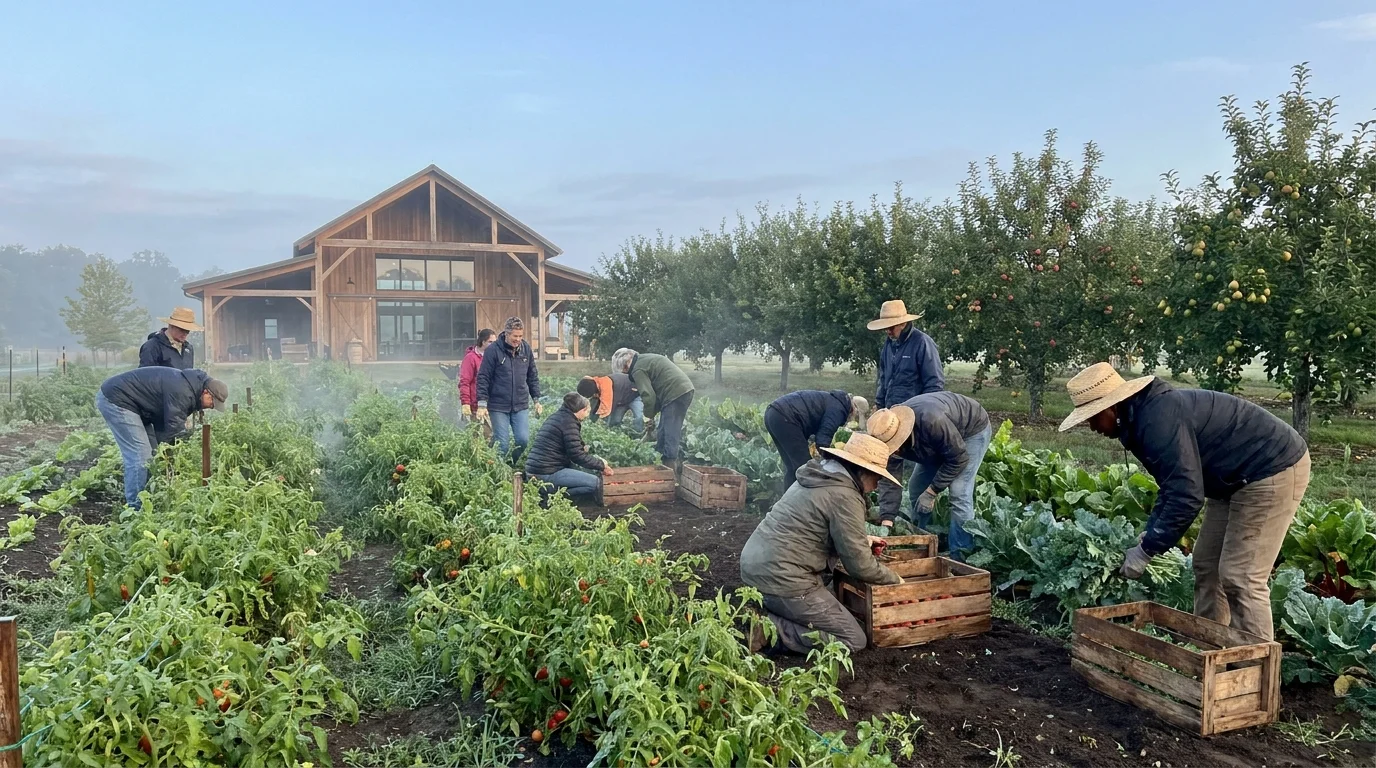 Residents harvest vegetables together in a large communal farm at a modern agrihood community.