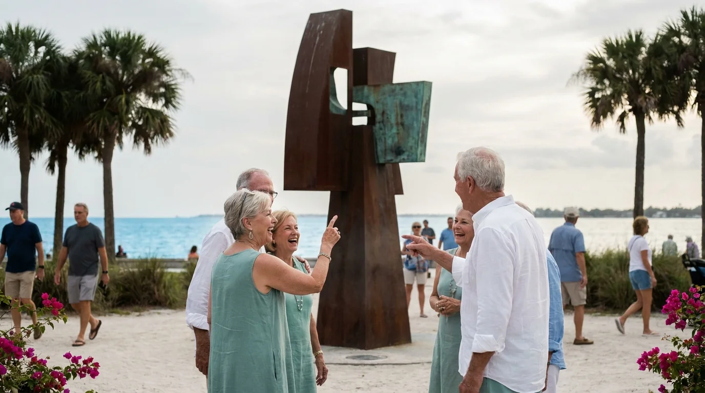 Retirees enjoying an outdoor art exhibit in a Sarasota park with the Gulf of Mexico in the background.