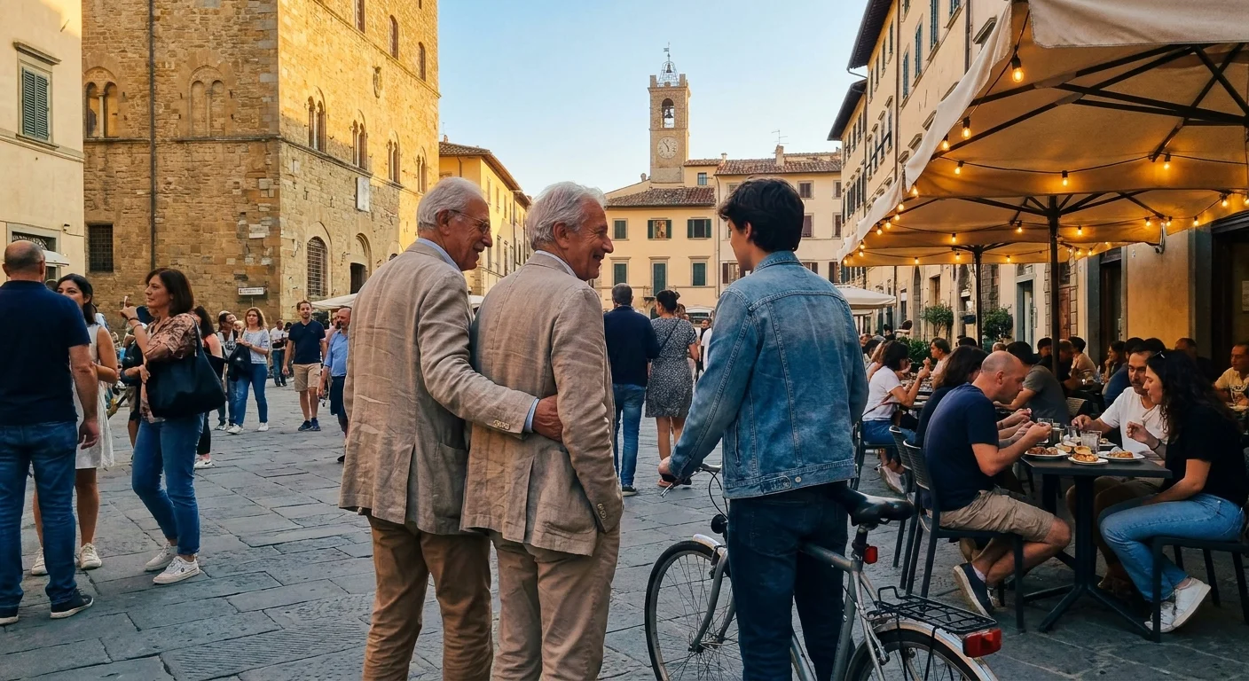 Retirees walking through a sun-drenched Italian town square during the evening stroll, socializing with neighbors.