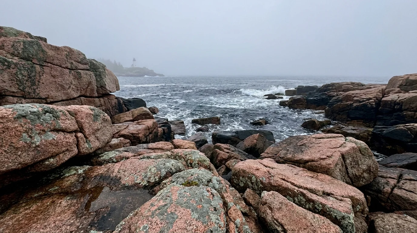 Rocky Maine coastline with pink granite boulders and a lighthouse in the foggy distance.