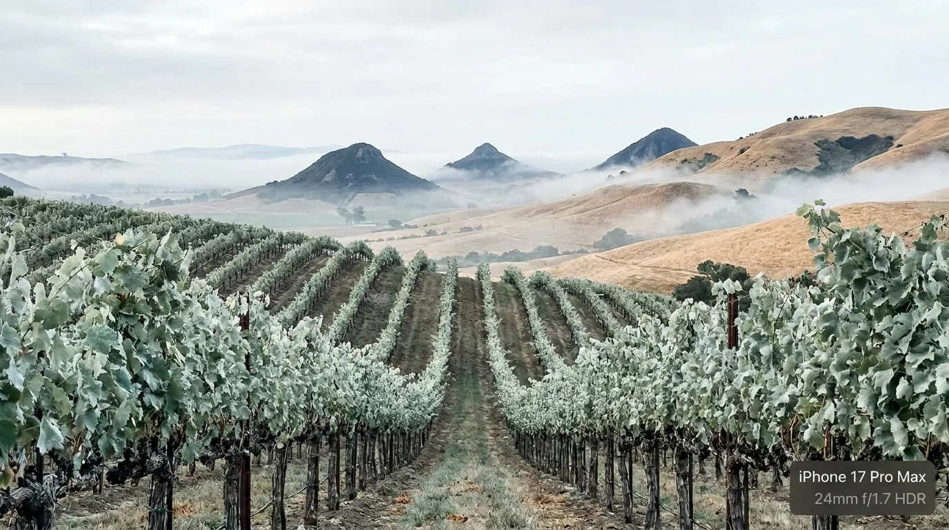 Rolling green vineyards in San Luis Obispo under a light coastal mist with hills in the background.