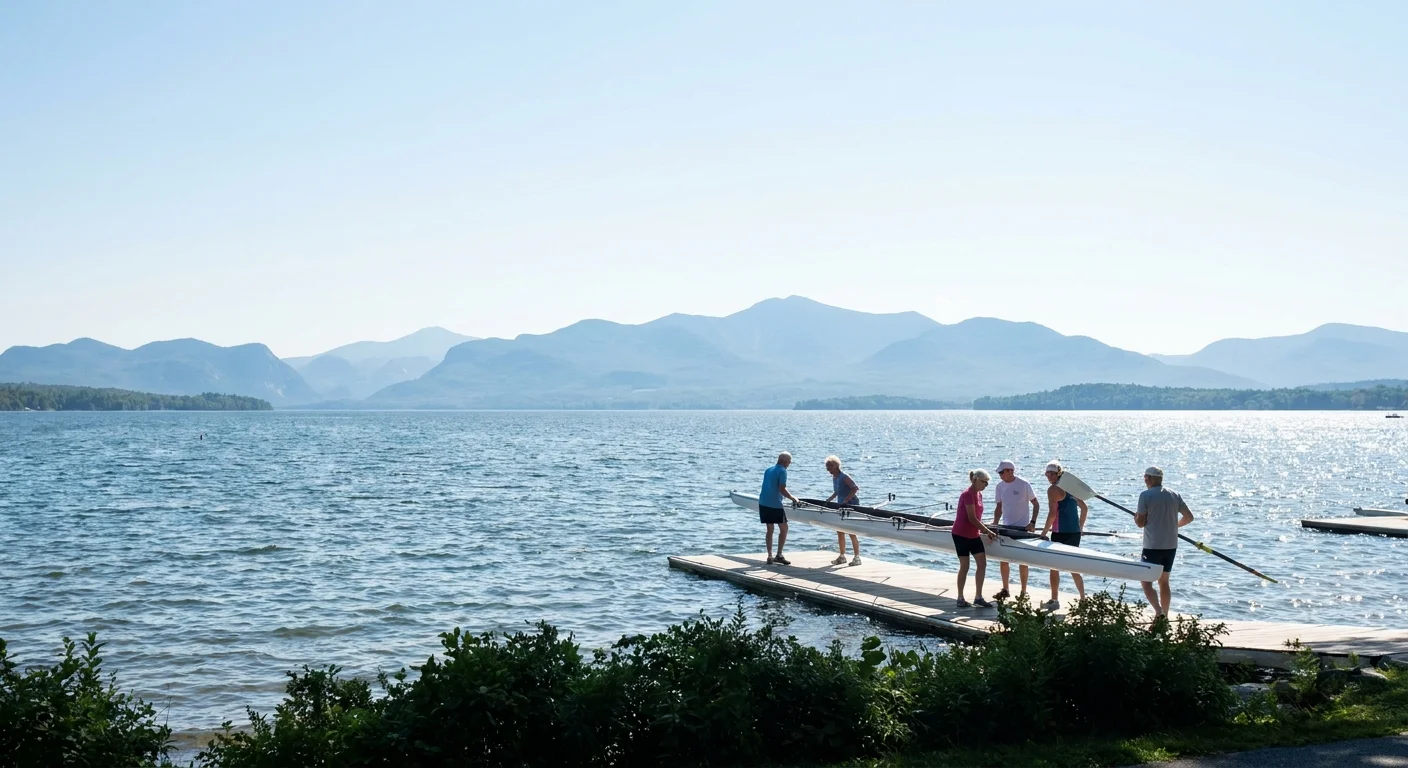 Rowers on Lake Champlain in Burlington, Vermont, with the Adirondack Mountains in the background.