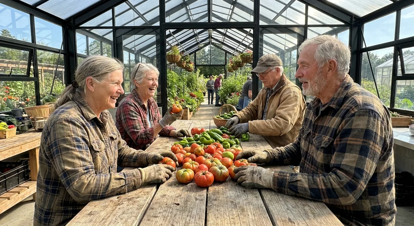 Seniors gathering to sort fresh produce in a communal greenhouse at a modern agrihood development.