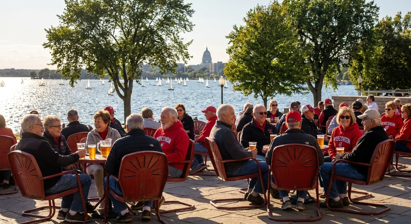 Seniors relaxing in colorful terrace chairs by Lake Mendota in Madison, Wisconsin.