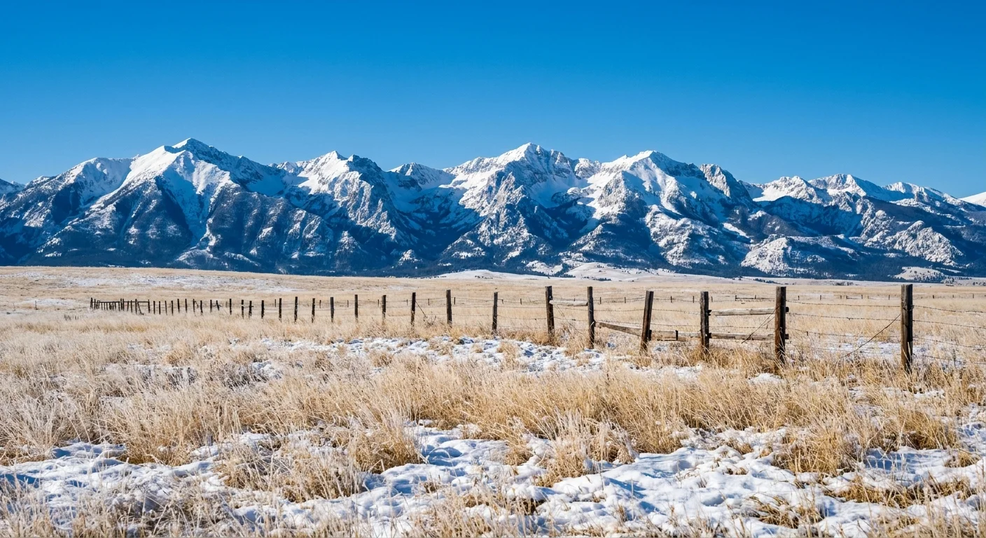 Snow-capped mountain peaks rising behind a golden winter field and a wooden fence in Bozeman, Montana.