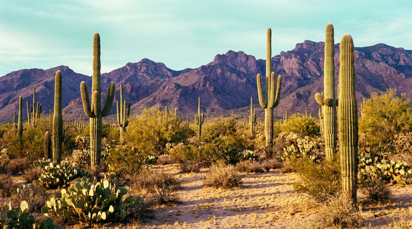 Tall Saguaro cacti in the Arizona desert with rugged mountains in the background during golden hour.