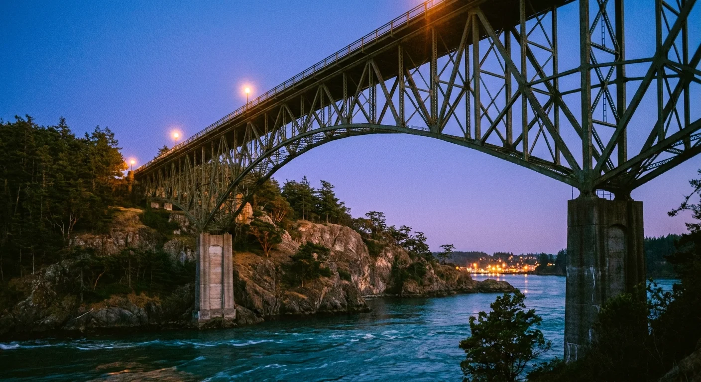 The Deception Pass Bridge at twilight, spanning turquoise water and connecting rocky forested islands.