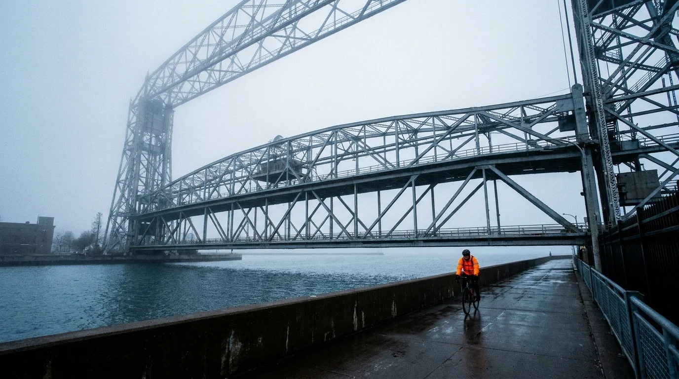 The Duluth Aerial Lift Bridge in Minnesota emerges from the morning fog over Lake Superior.