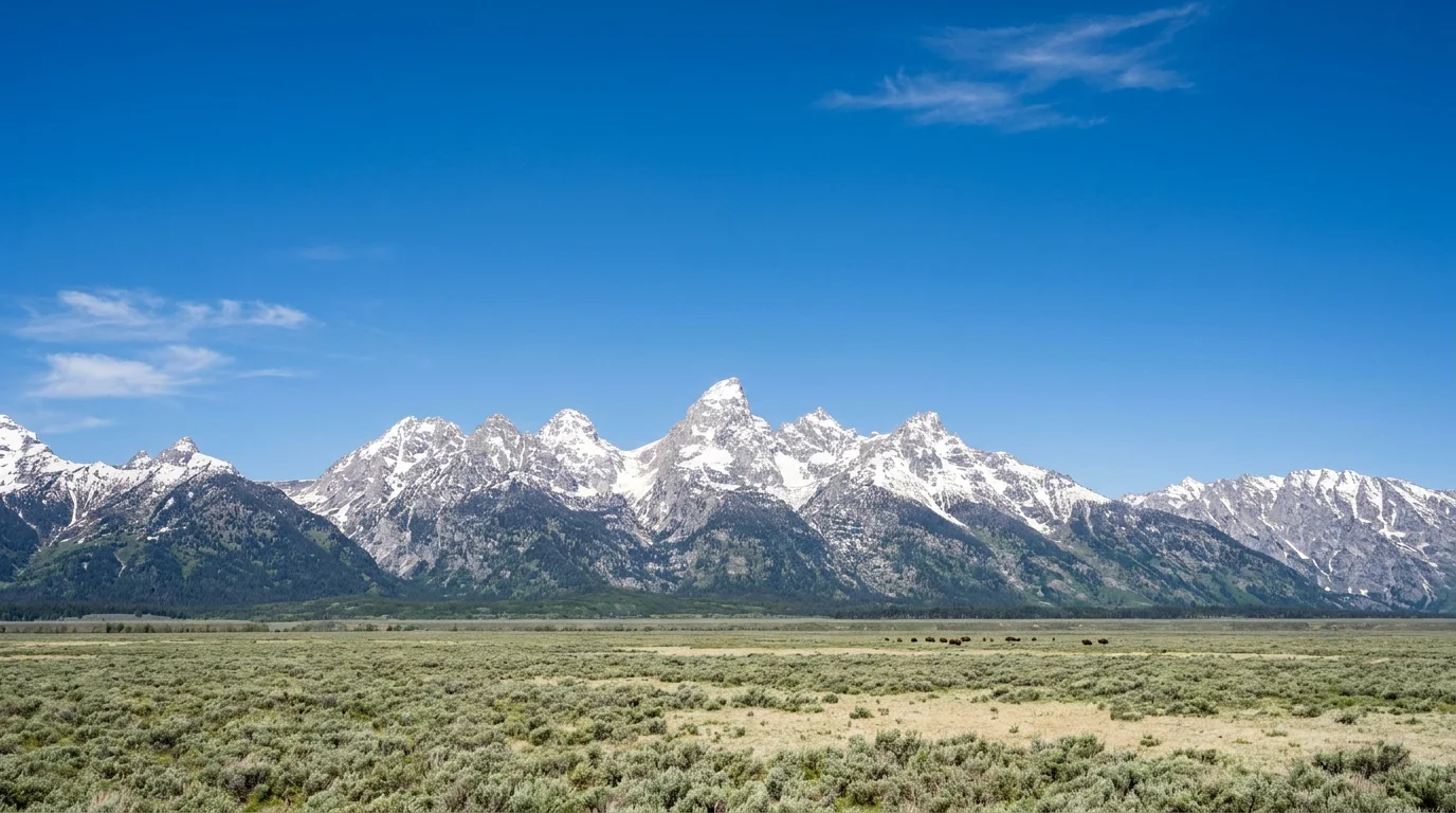 The Grand Teton mountains rising over the vast, flat sagebrush plains of Wyoming.