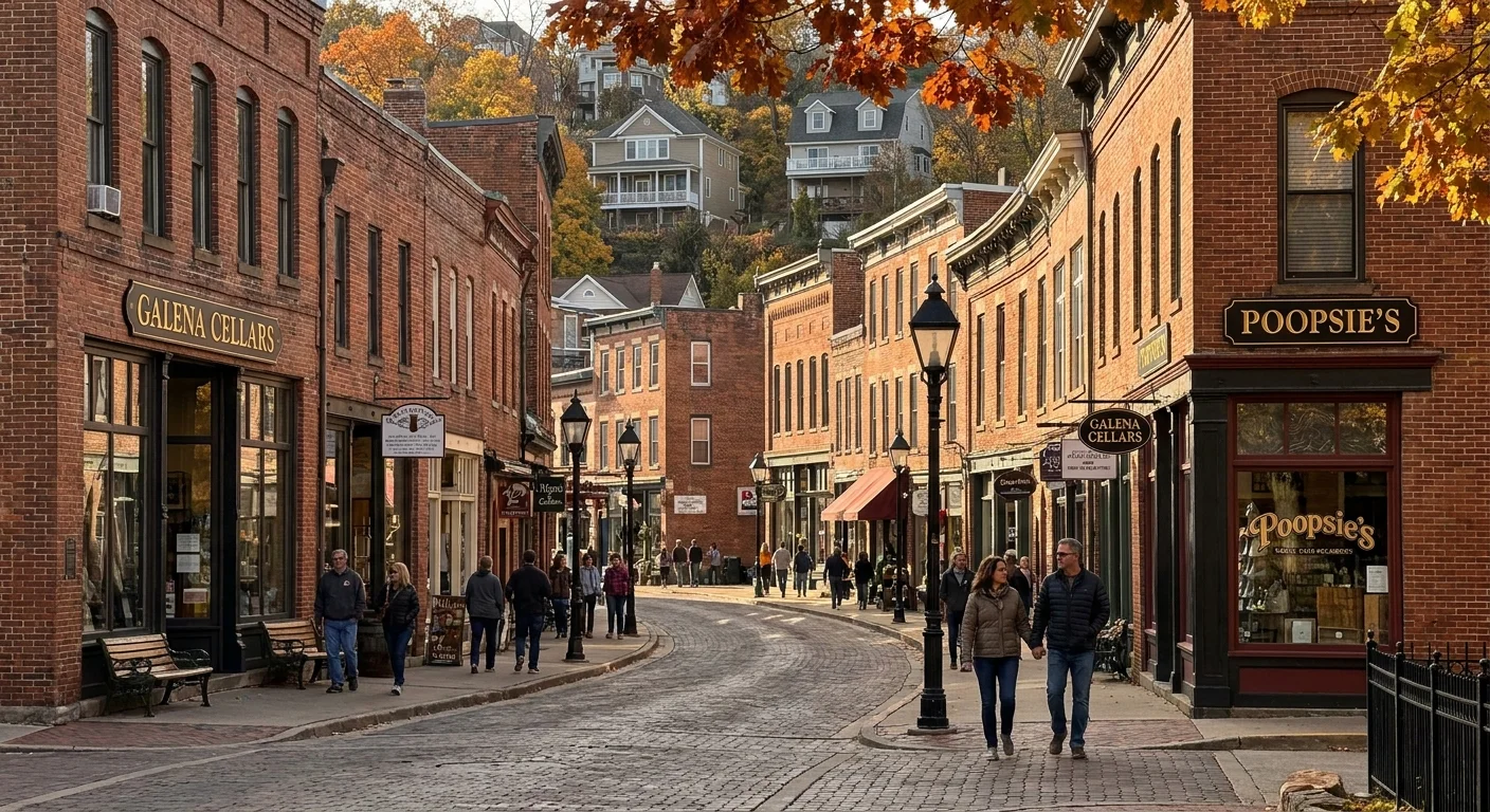 The historic, hilly Main Street of Galena, Illinois, lined with 19th-century brick buildings.