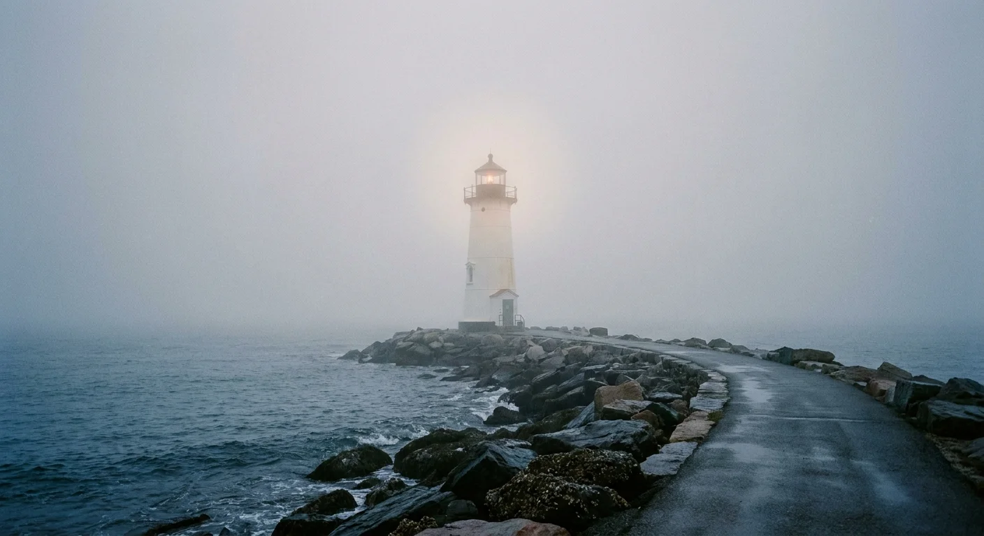 The historic Portland Head Light lighthouse in Cape Elizabeth, Maine, shrouded in a soft morning fog.
