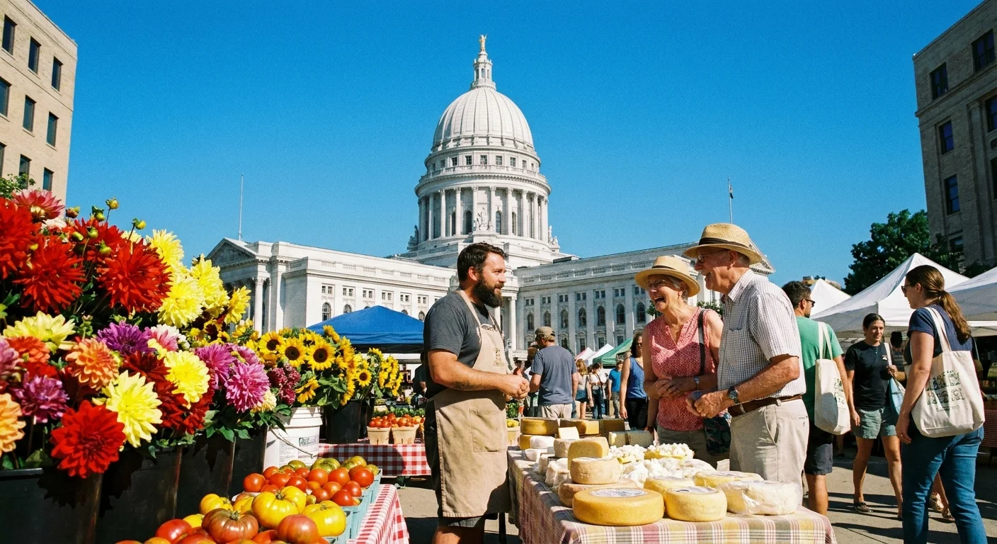 The Madison Farmers' Market on Capitol Square with the state capitol building in the background.