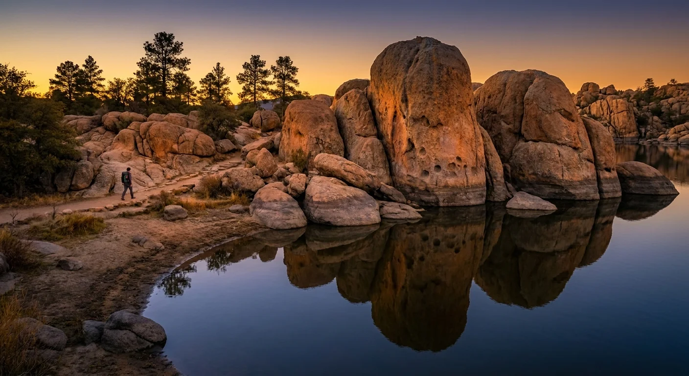 The massive orange granite rock formations of the Granite Dells reflecting in Watson Lake at sunset in Prescott, Arizona.