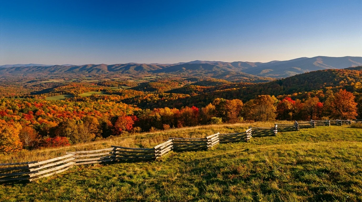 The rolling hills of Shenandoah National Park in Virginia covered in bright autumn foliage.