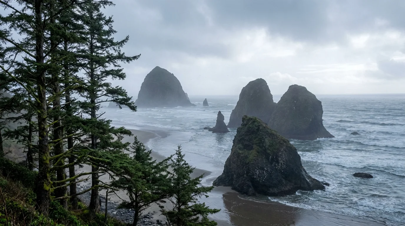 The rugged Oregon coast with giant sea stacks in the ocean and dense evergreen forests along the shore.