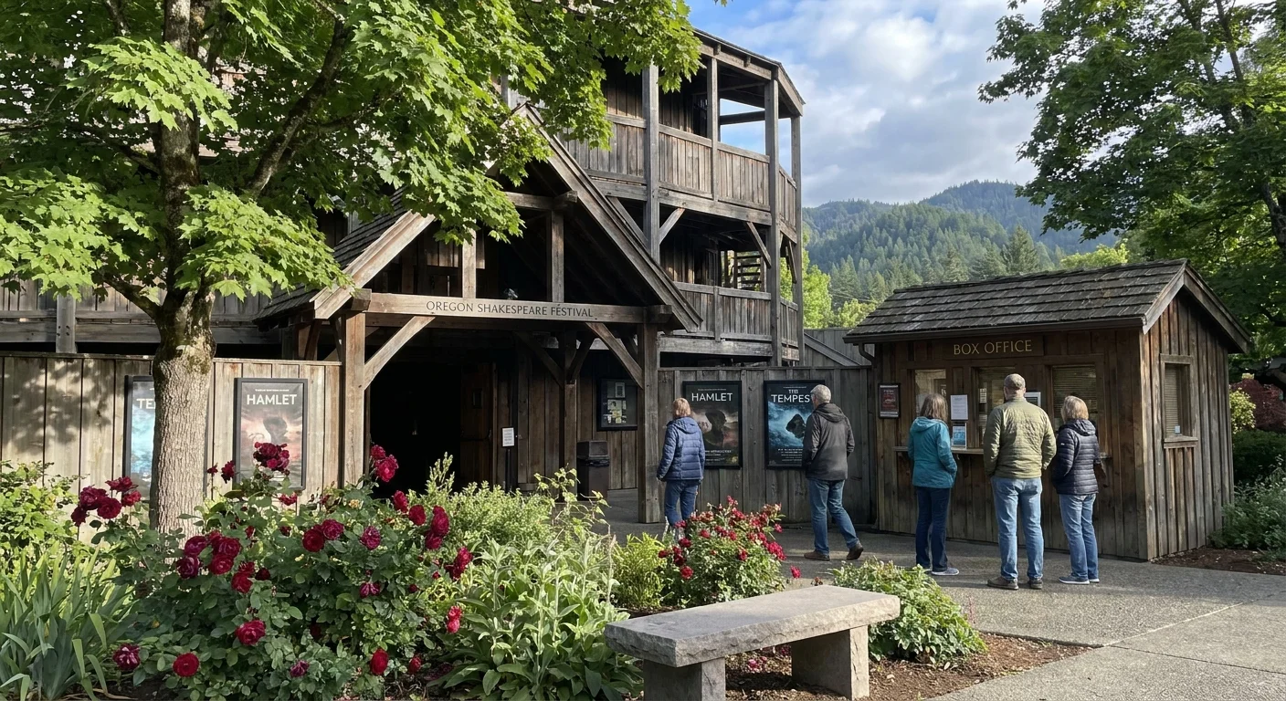 The timber-framed Oregon Shakespeare Festival theater in Ashland, surrounded by gardens and mountains.
